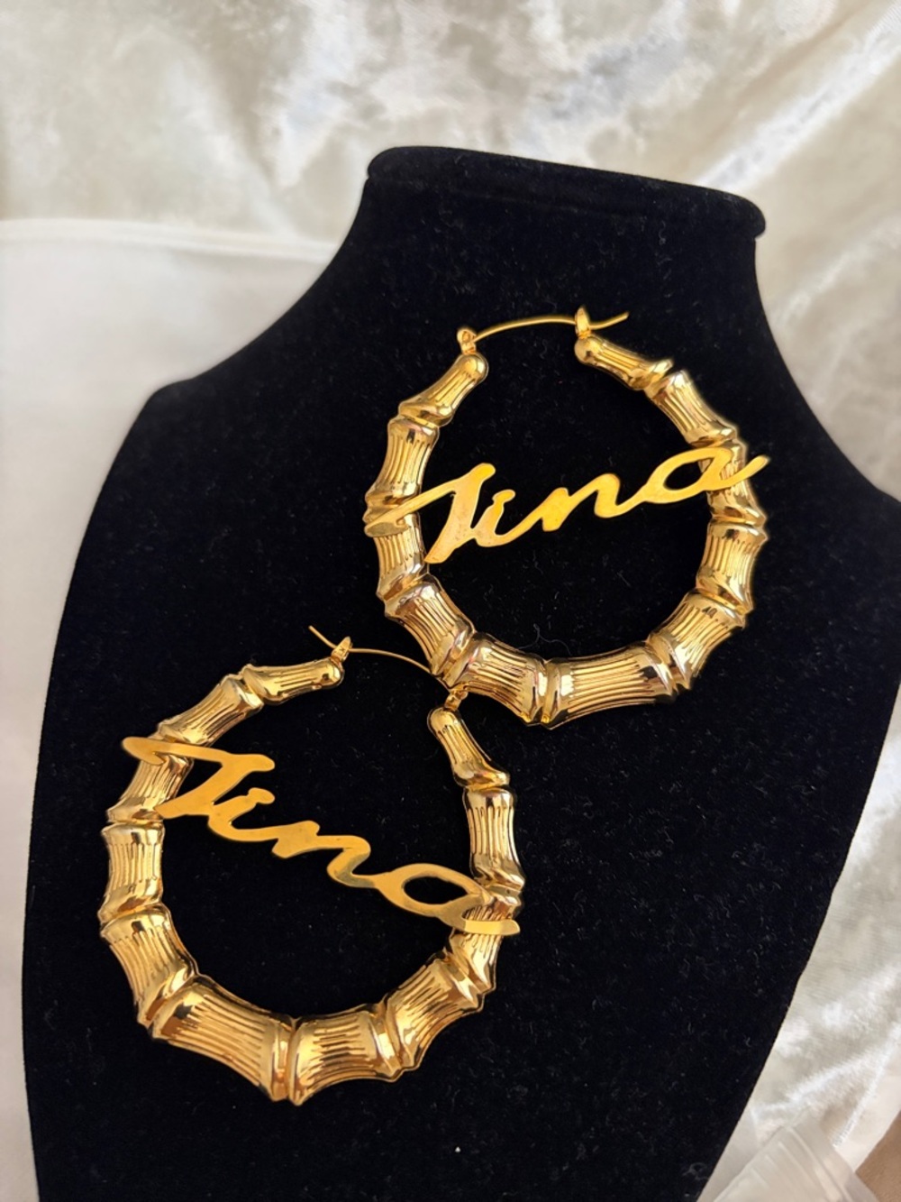 1980s Gold Bamboo Hoop Nameplate Earrings - Tina
